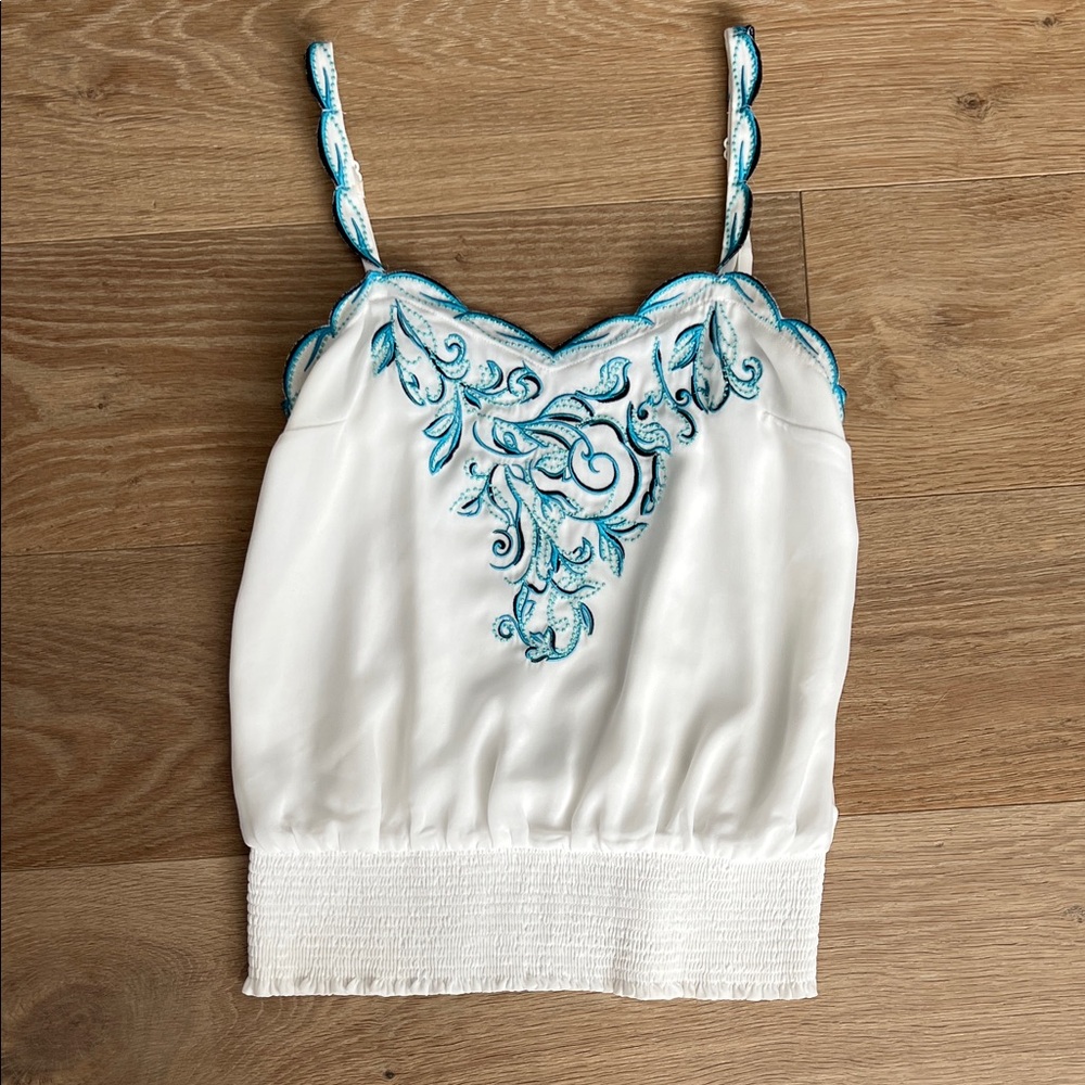 White House Black Market White Camisole with Blue Embroidery